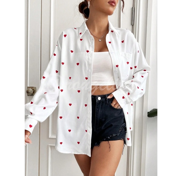 White Casual Shirt Red Hearts Printed Button Down Up Long Sleeve - Picture 2 of 7